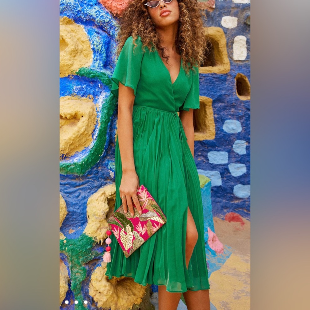 Green Pleated Midi Wrap Dress Size Small